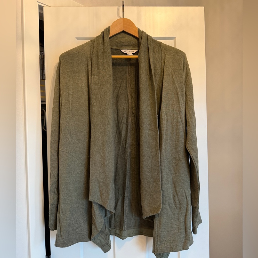 Athleta Olive Open-Front Draped Cardigan Sweater